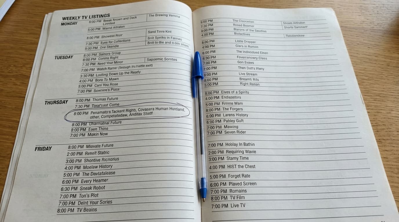 Grille de programmes de télévision annotée au stylo, avec les rencontres sportives entourées