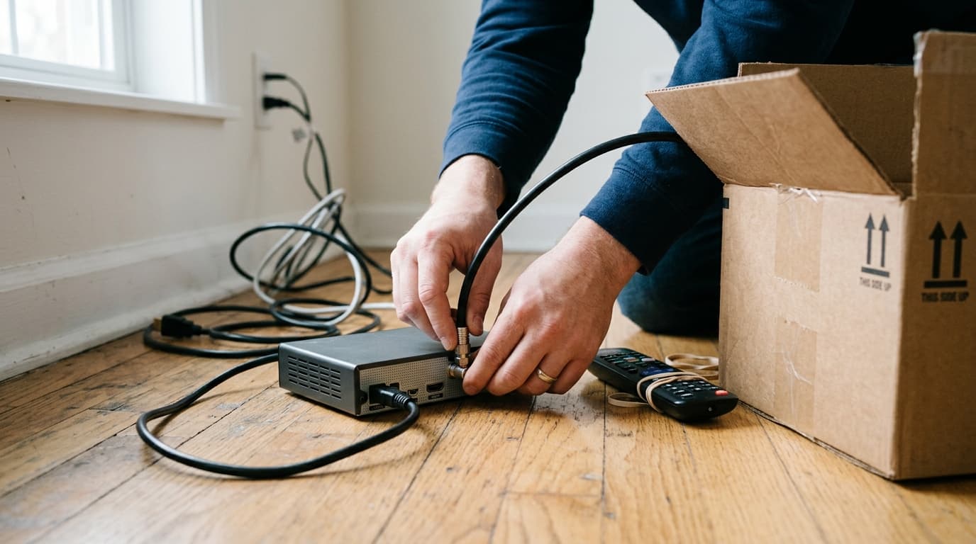 TV set-top box and modem on a table next to a return carton and a shipping label