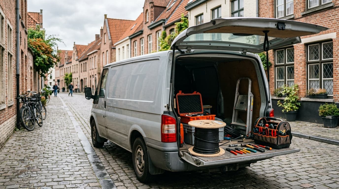 Camionnette de technicien télécom et bobine de câble coaxial dans une rue belge