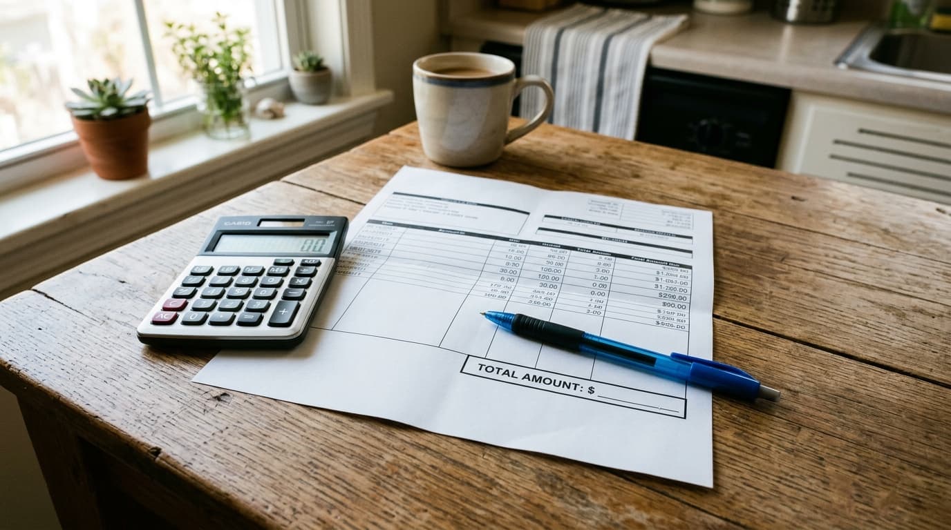 Belgian telecoms bill annotated in pen next to a calculator on a kitchen table