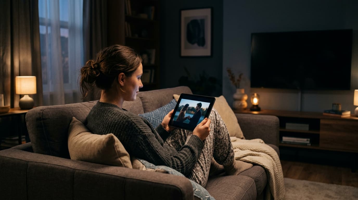Télécommande, smartphone et téléviseur affichant une grille de contenus de streaming dans un salon